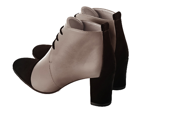 Matt black and bronze beige women's ankle boots with laces at the front. Round toe. Medium block heels. Rear view - Florence KOOIJMAN